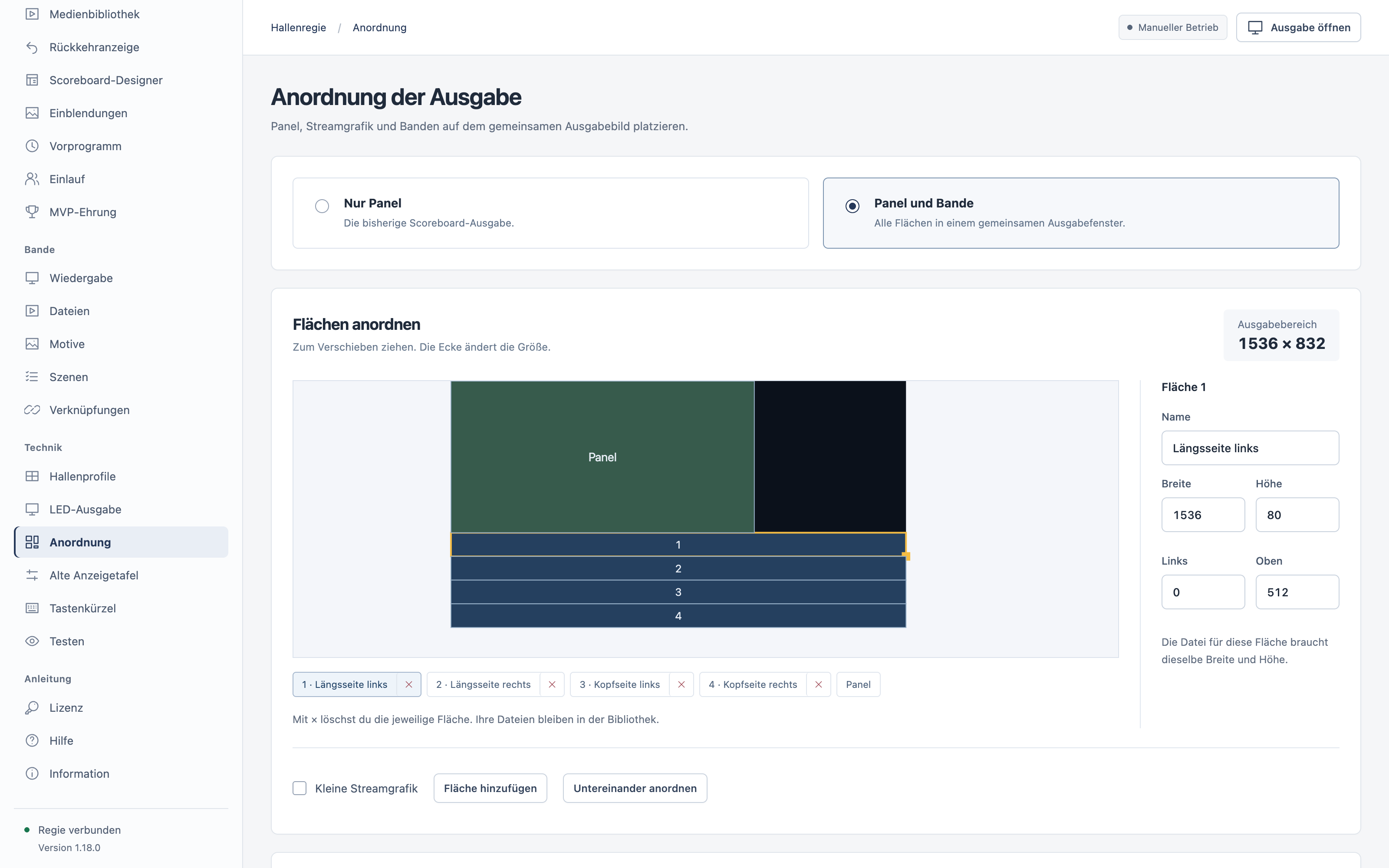 Anordnung eines Panels und vier Bandenflächen mit einstellbarer Position und Größe