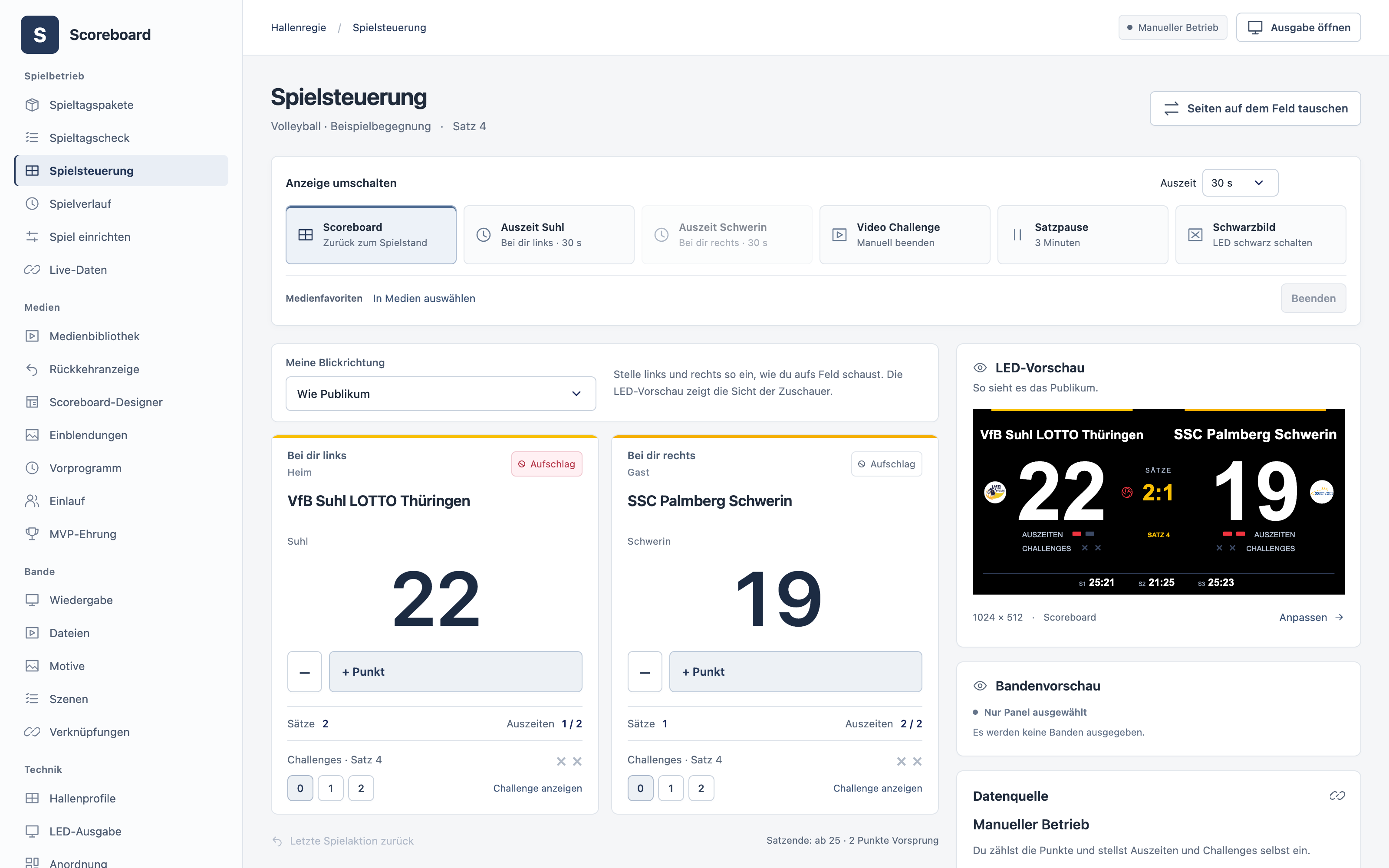 Spielsteuerung der Scoreboard-App mit Punktetasten, Auszeiten und stummen Ausgabevorschauen